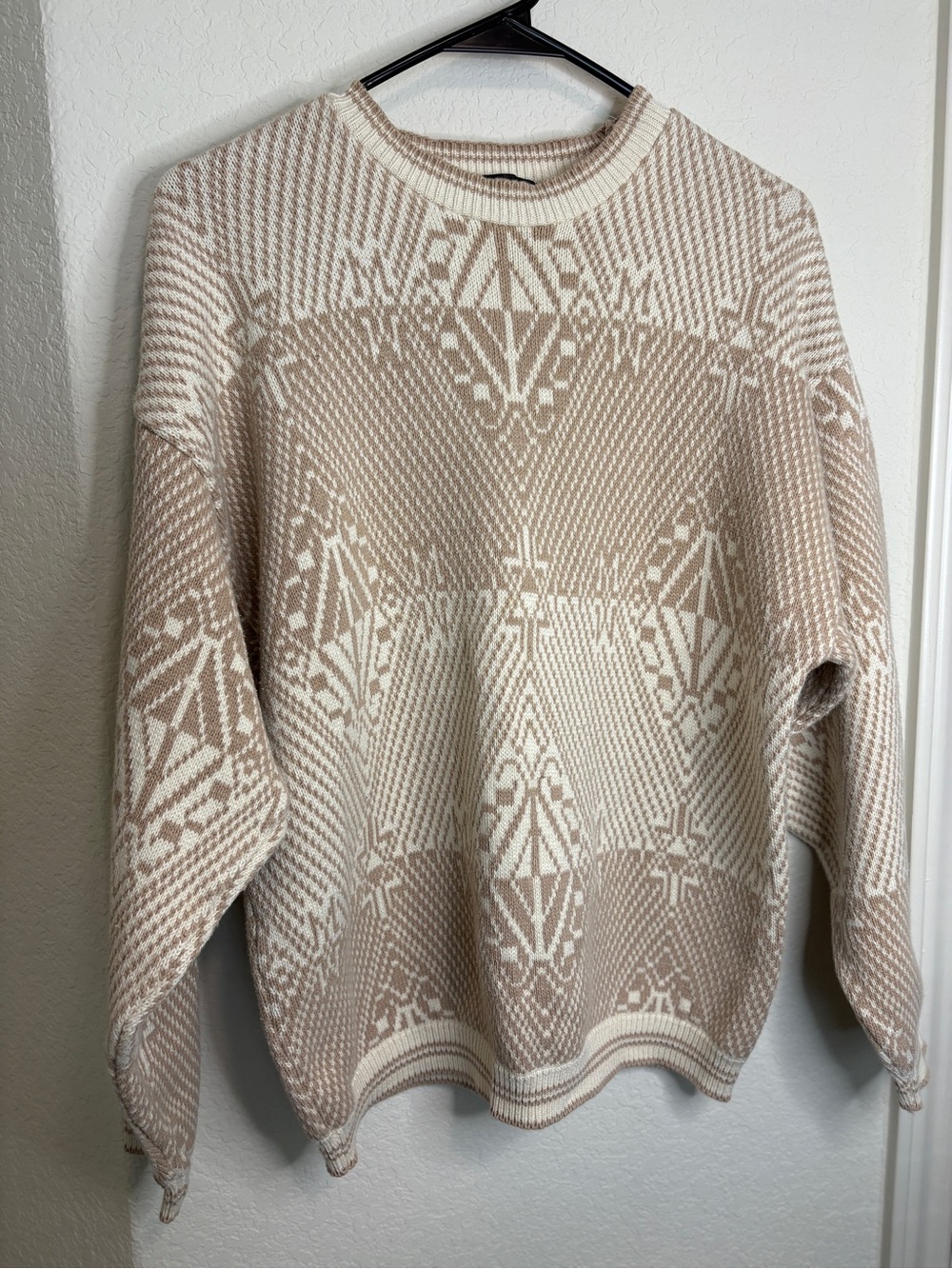Cream and Beige Patterned Men’s Sweater - Vintage Tony Lambert 100% Cotton